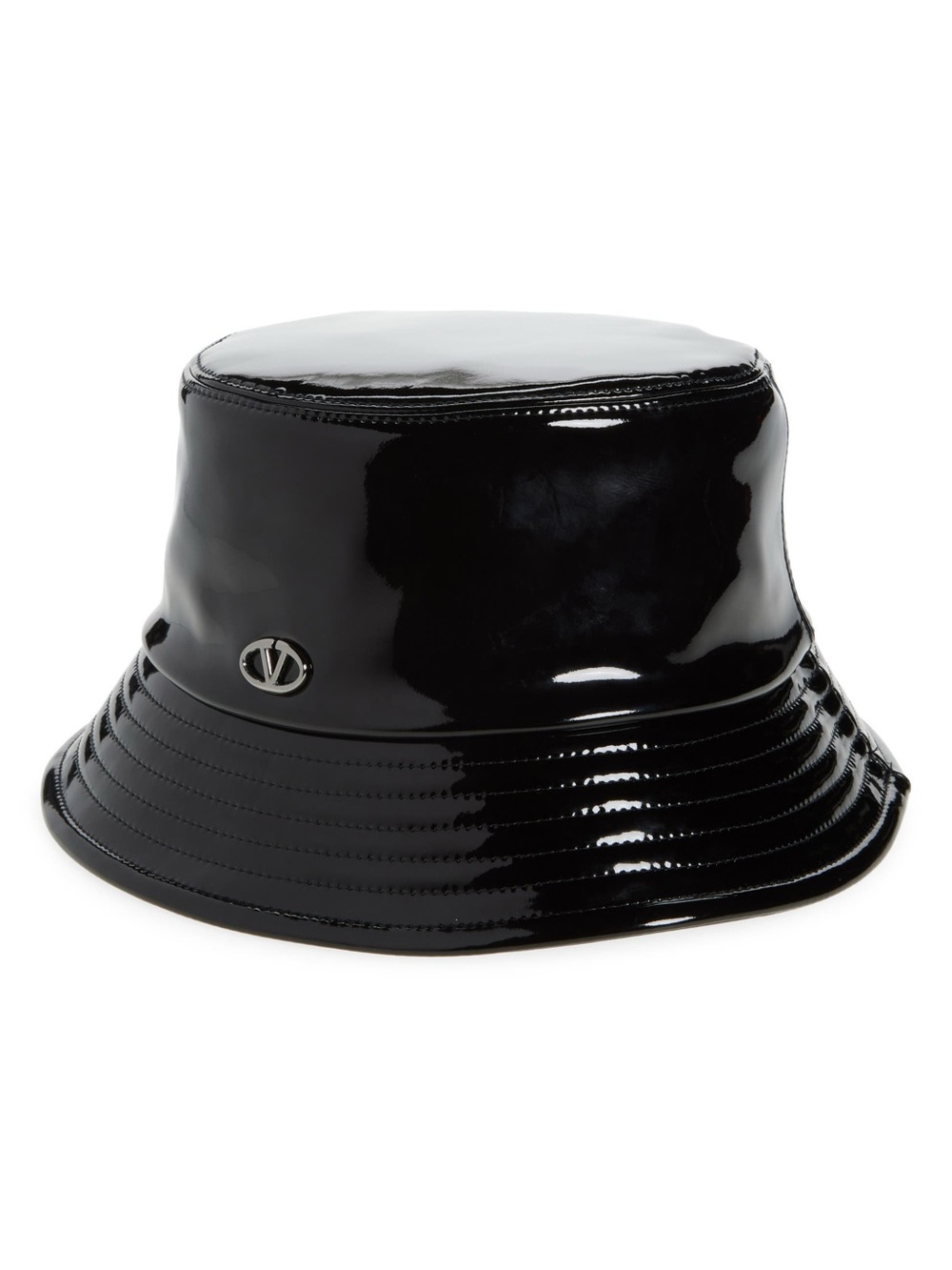 Valentino Garavani Logo Plaque Faux Patent Leather Bucket Hat Black 57 NWT FW24